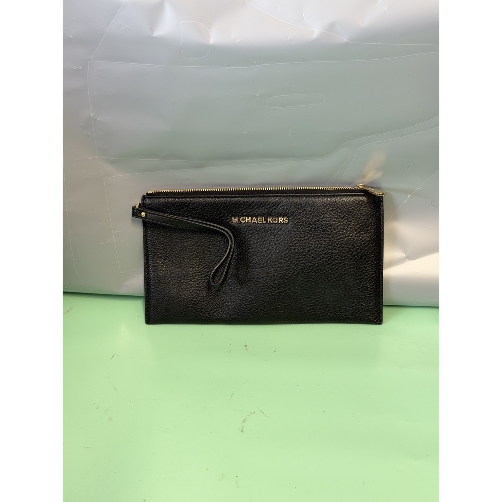 Michael Kors Black Pebbled Leather Wristlet‎ Clutch Gold Hardware